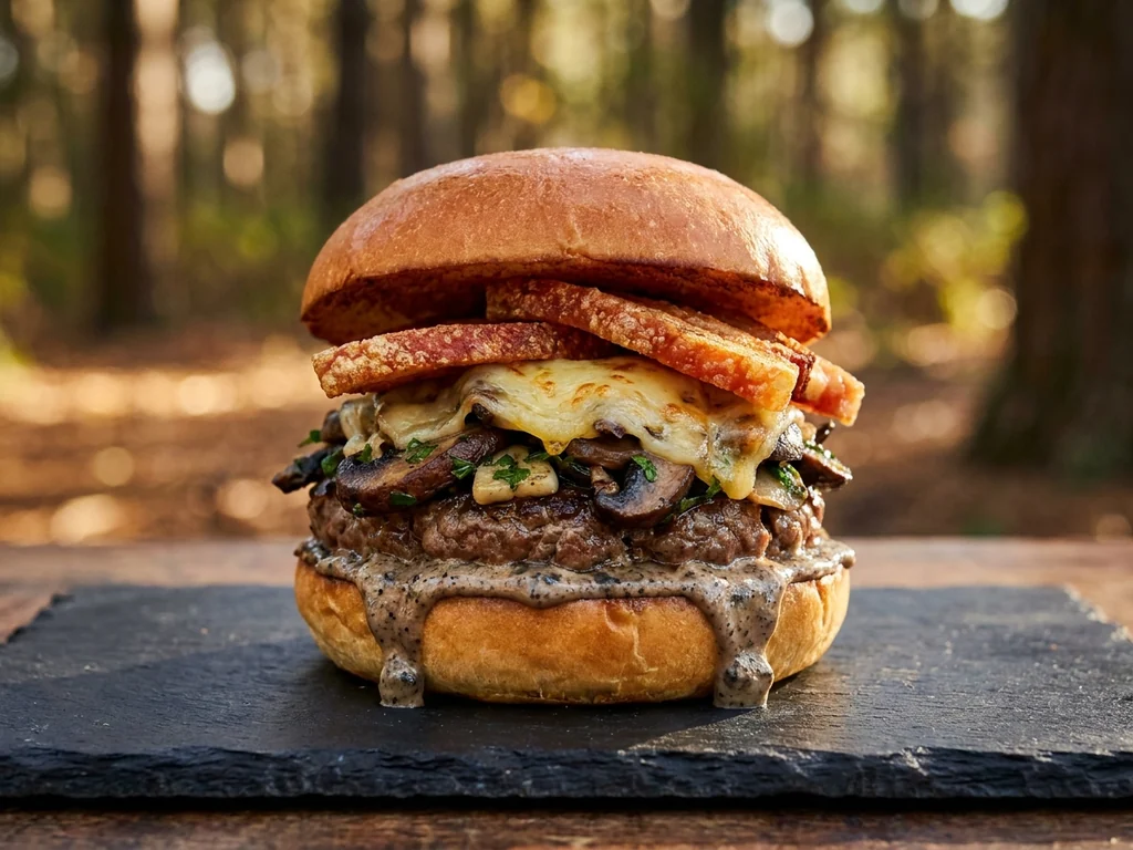 Classic Burger: carne o pollo, gouda, lechuga, tomate, cebolla y sweet mayo